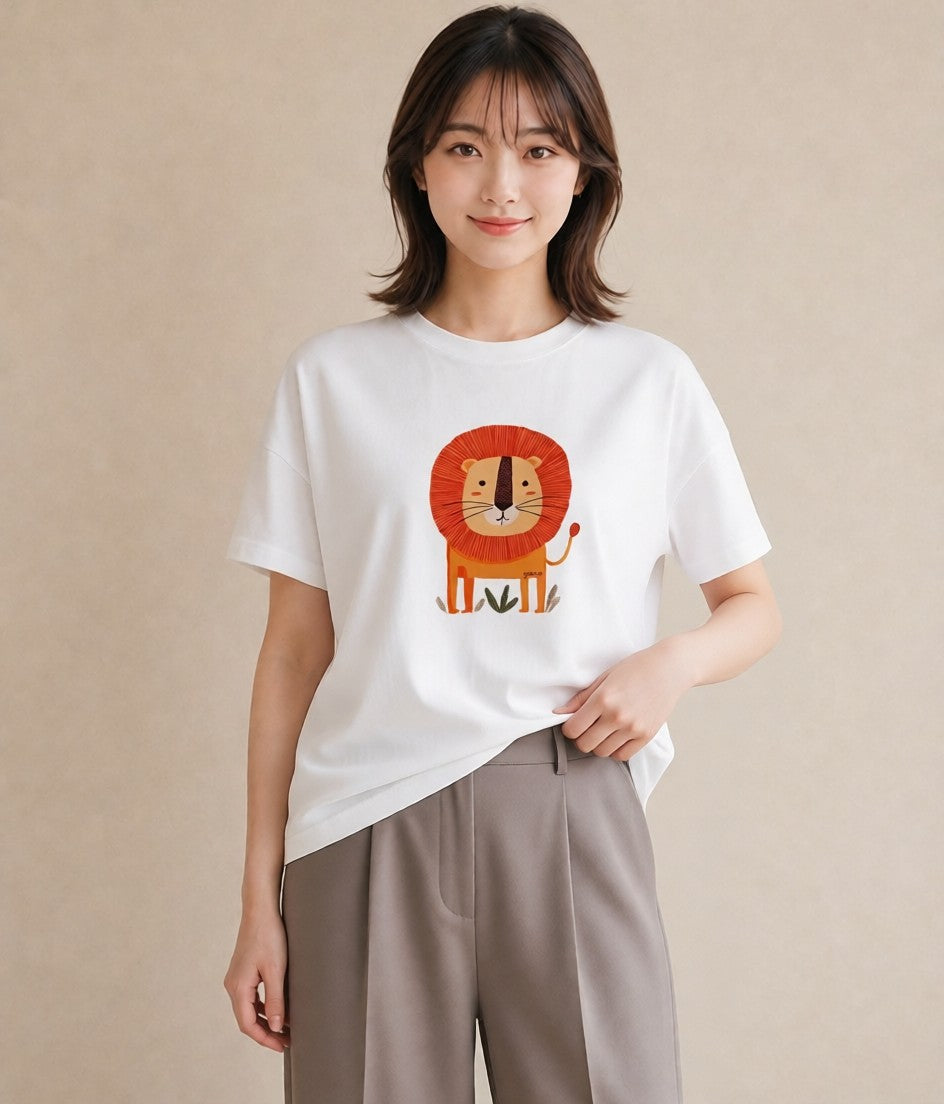 プリントTシャツ レディース ライオン 動物 アニマル イラスト 可愛い デイリーウェア 休日 白T