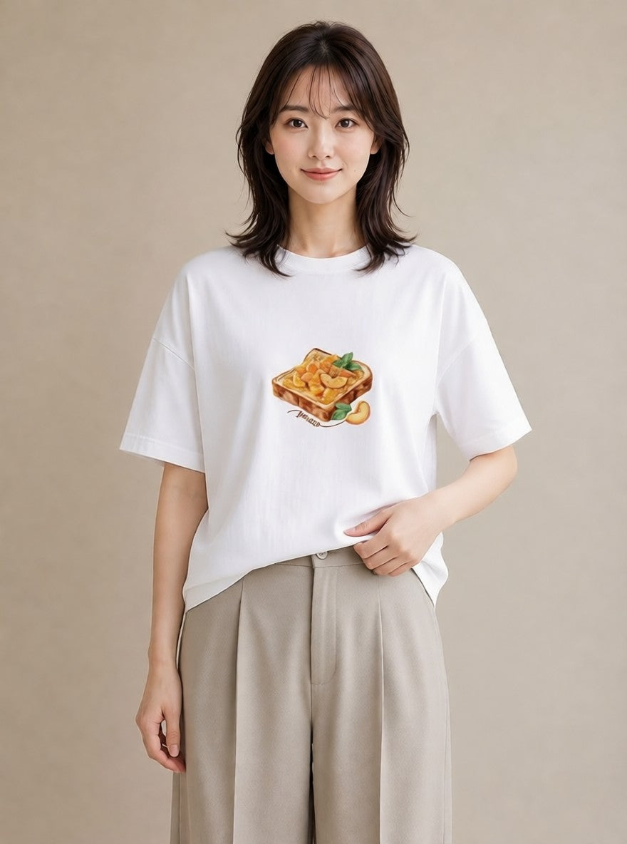 半袖Tシャツ レディース 目玉焼き 食べ物 フード イラスト カフェコーデ 親子 20代 白T