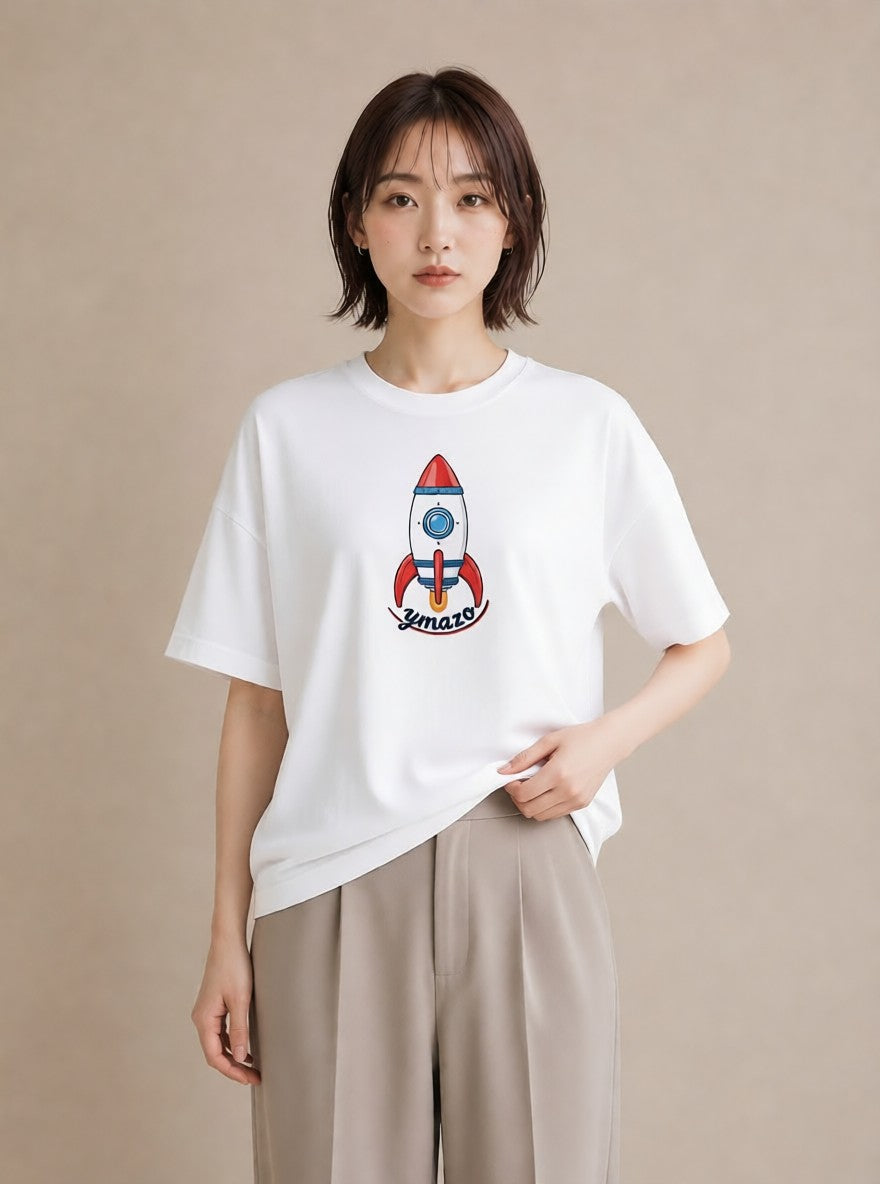 Tシャツ レディース ロケット 星空 宇宙 イラスト ヴィンテージ風 普段着 週末コーデ 白T