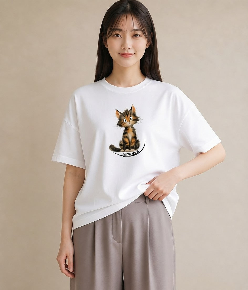 デザインTシャツ レディース サバトラ 猫 ねこ イラスト ラフ 海 カフェ巡り 白T