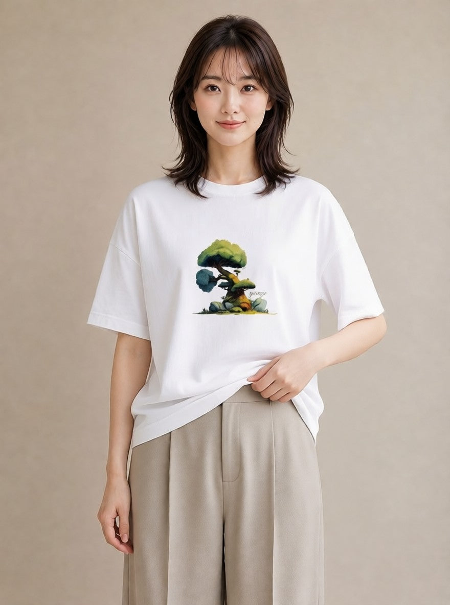 プリントTシャツ レディース 盆栽 植物 ボタニカル イラスト ゆるかわ カジュアルコーデ 買い物 白T