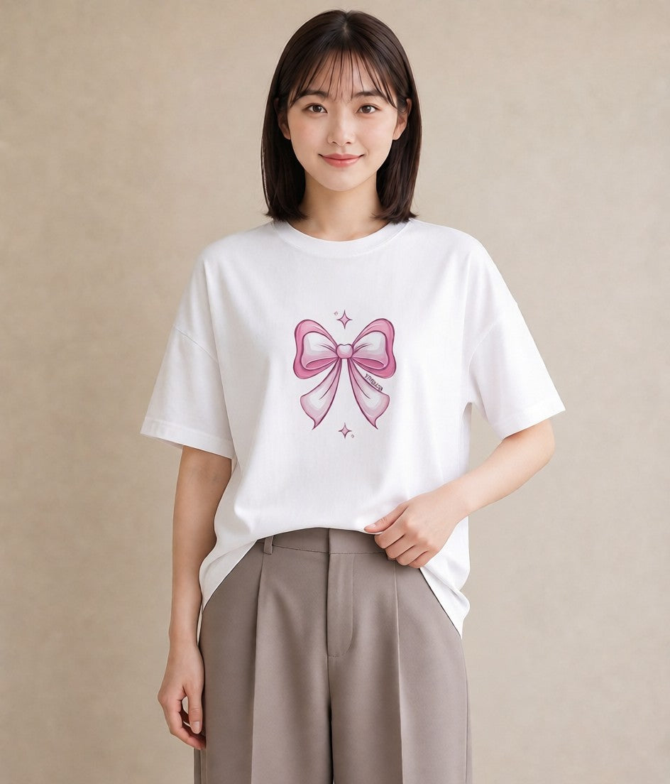 プリントTシャツ レディース リボン 蝶結び ナチュラル アンティーク イラスト ゆるかわ ホワイトデー 春服 白T