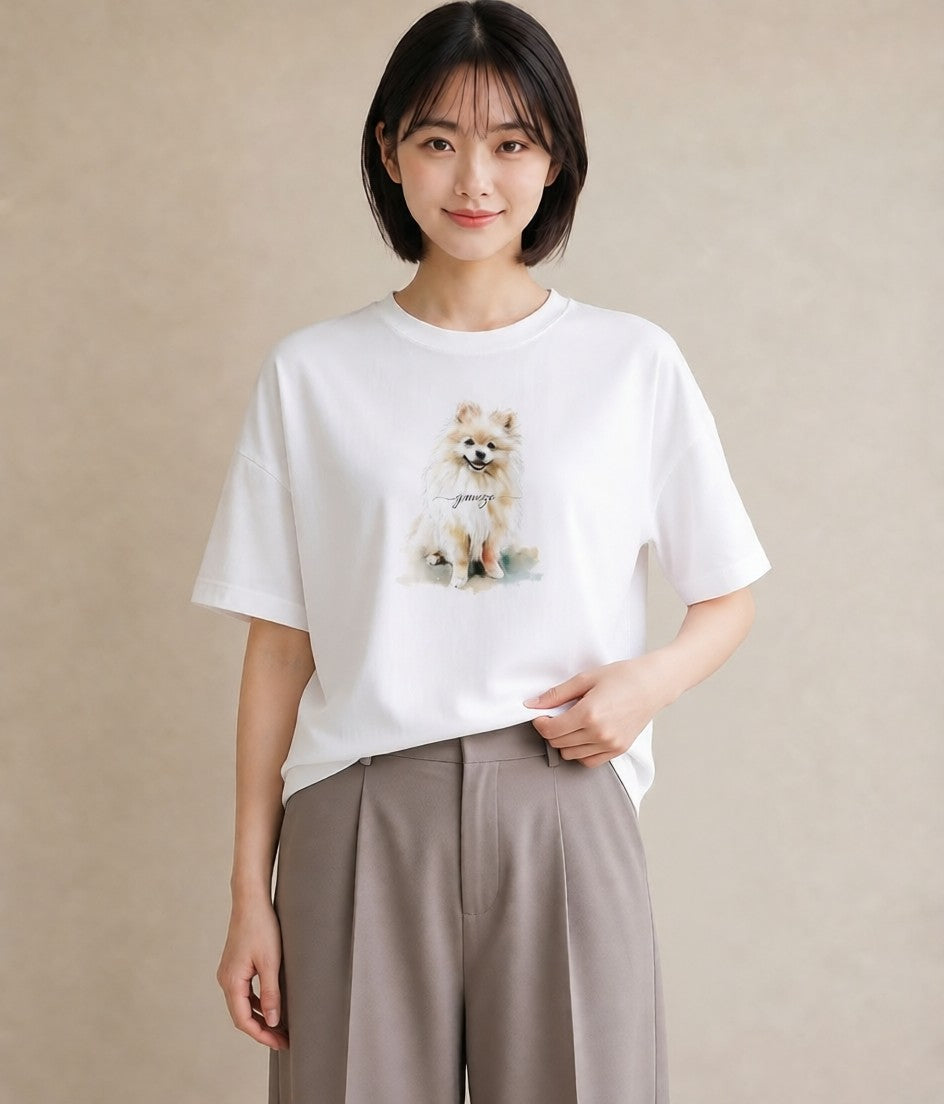 プリントTシャツ レディース ポメラニアン ポメ 犬 いぬ イラスト きれいめカジュアル 自分用 ルームウェア 白T
