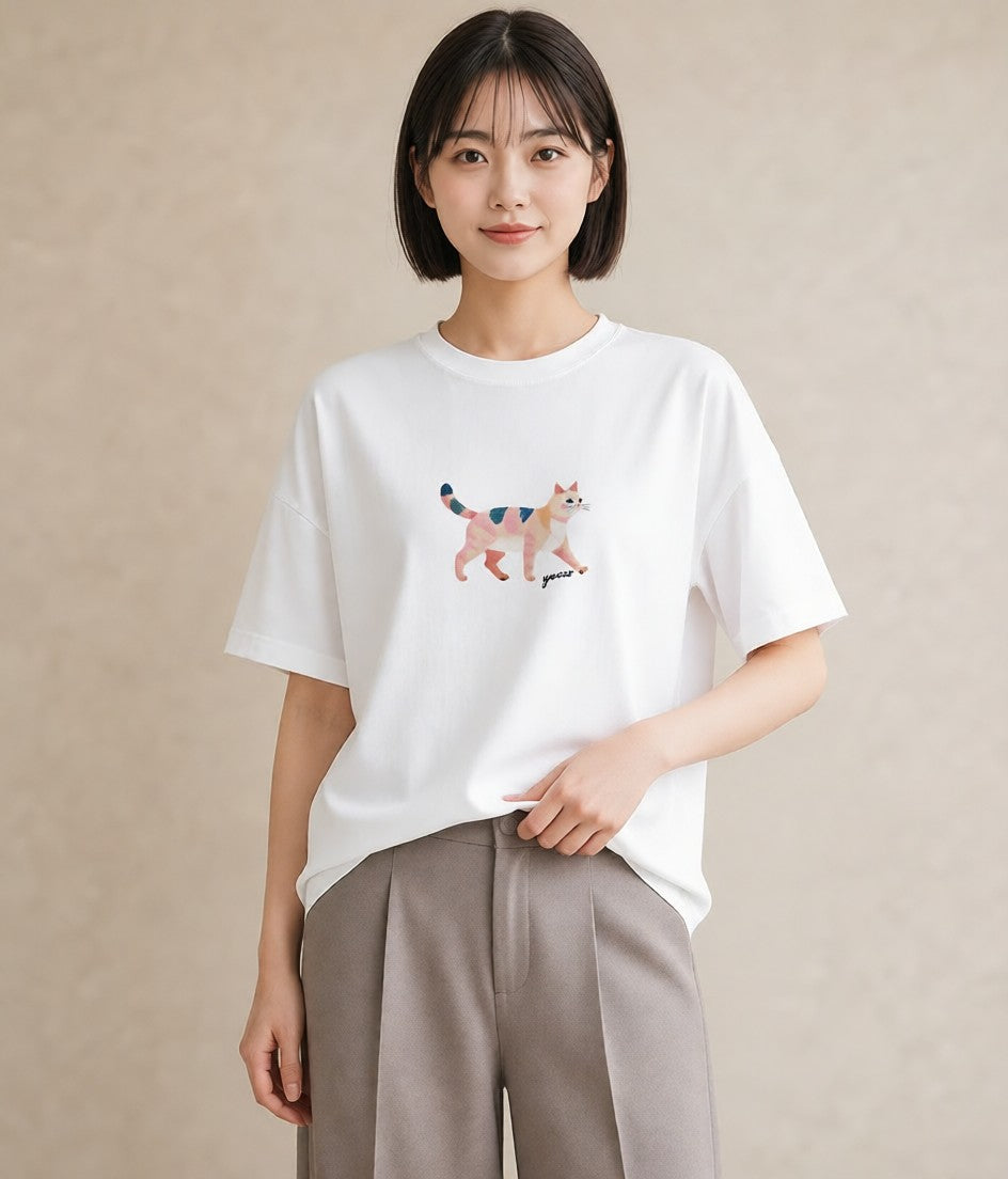 半袖Tシャツ レディース アメリカンショートヘア 猫 ねこ イラスト ヴィンテージ風 送別ギフト 通勤 白T