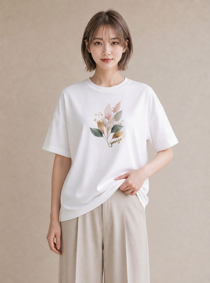 デザインTシャツ レディース 落ち葉 植物 ボタニカル イラスト フェミニン カフェ巡り 女子会 白T