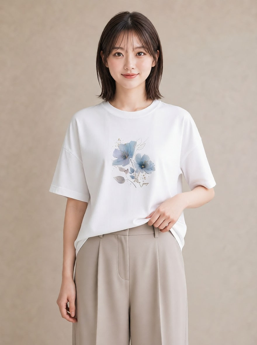 プリントTシャツ レディース あさがお 朝顔 花 花柄 イラスト 抜け感 通学 誕生日プレゼント 白T