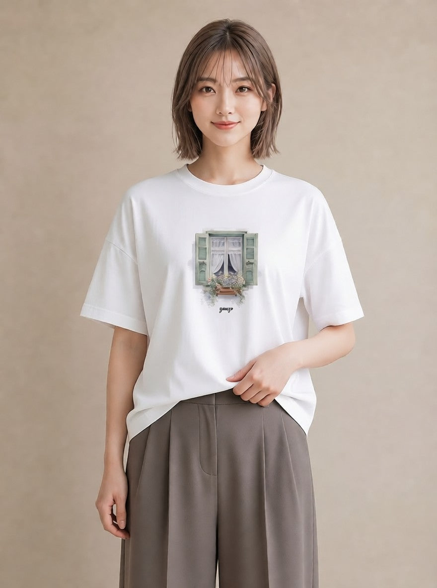 プリントTシャツ レディース 窓辺の雨 雨の日 窓 ナチュラル アンティーク イラスト ミニマル レイヤード 友達ギフト 白T