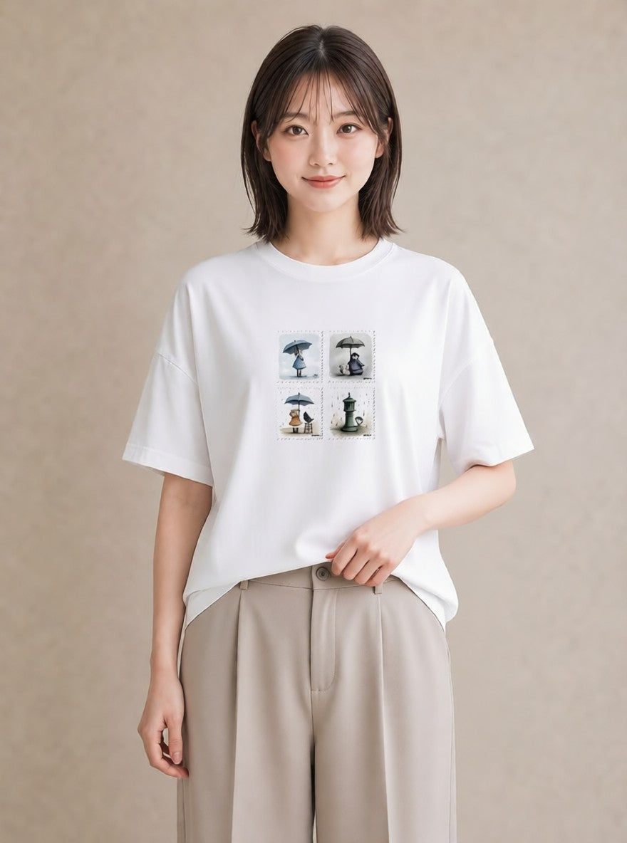 半袖Tシャツ レディース 傘 水たまり 雨 ナチュラル アンティーク イラスト ヴィンテージ風 デイリーウェア 休日 白T