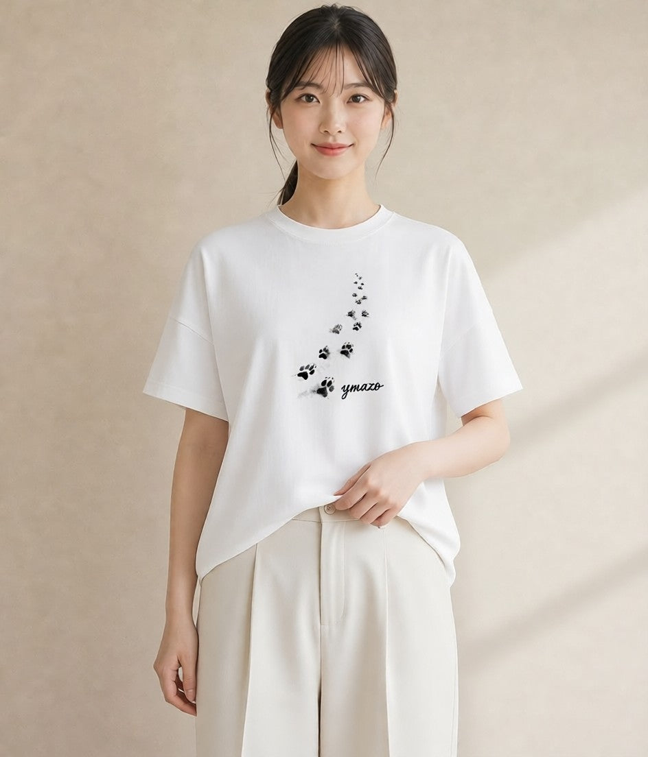 グラフィックTシャツ レディース 肉球 猫 ねこ イラスト 淡色 ミセス 春コーデ 白T
