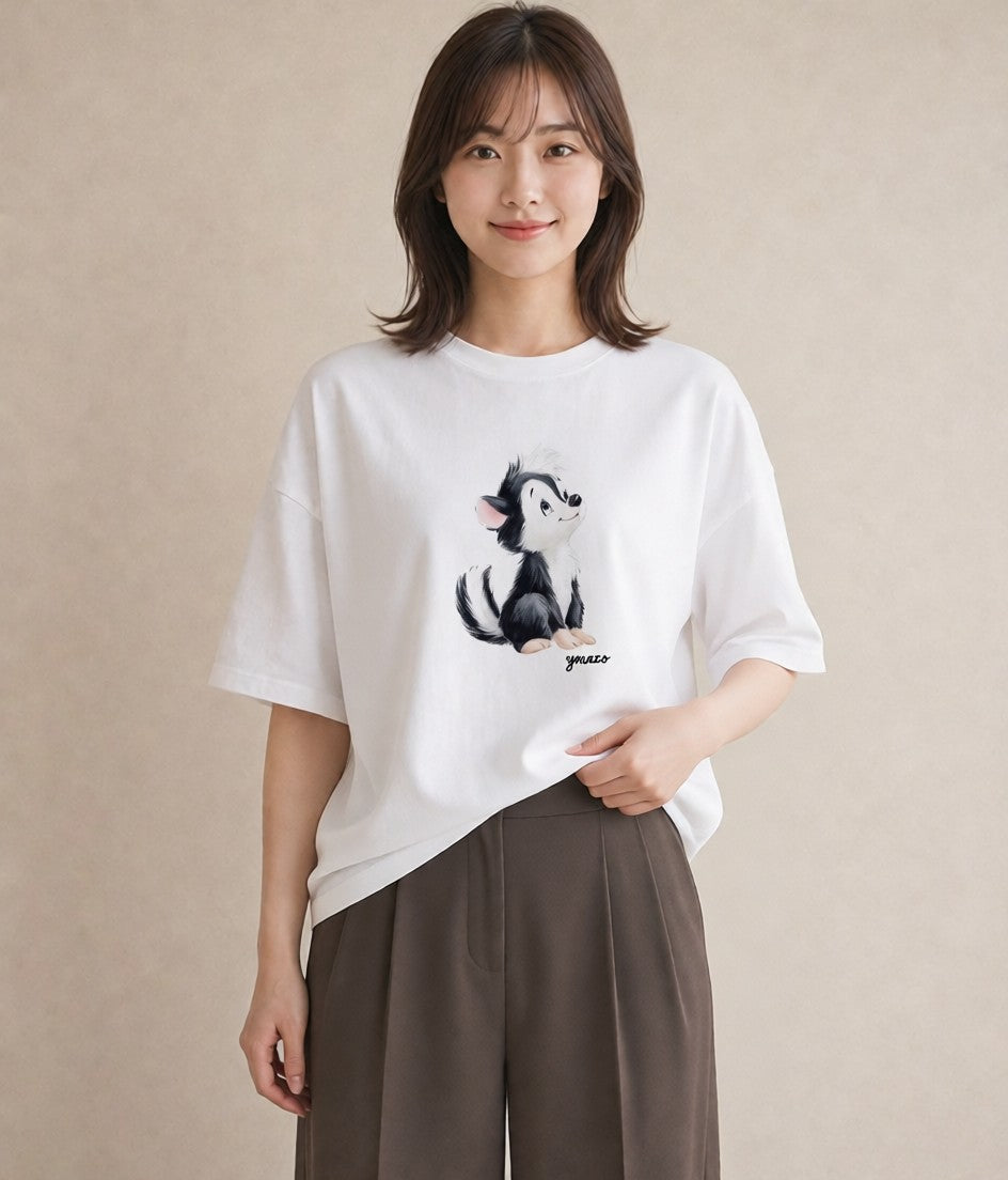 プリントTシャツ レディース 子犬 犬 いぬ イラスト きれいめ 在宅 公園 白T