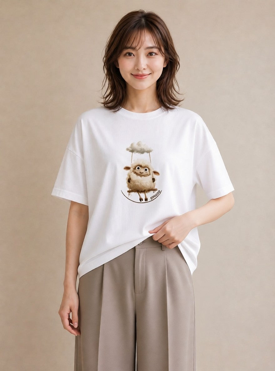 デザインTシャツ レディース ひつじ 動物 アニマル イラスト アート風 社会人 女性 白T