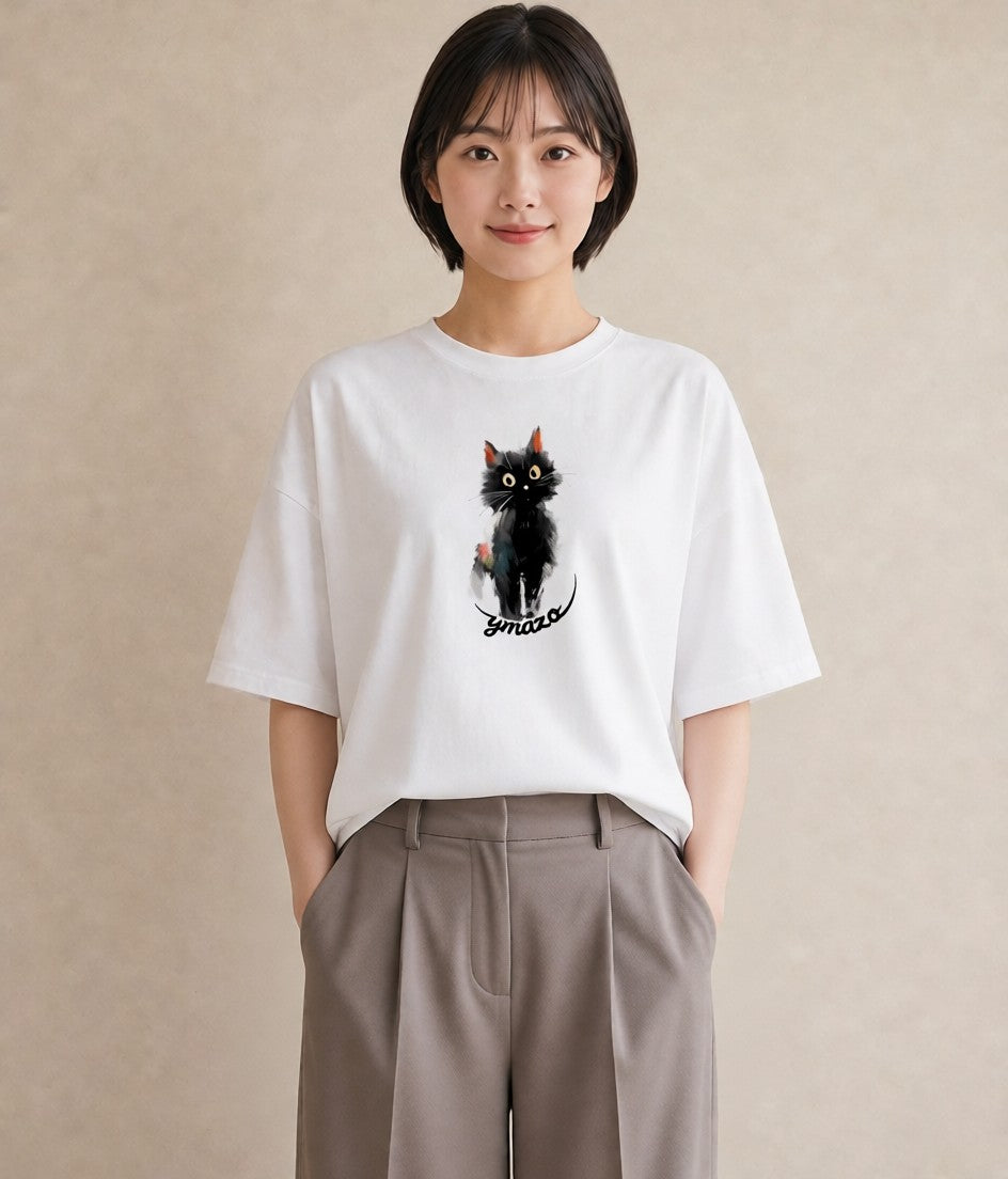 グラフィックTシャツ レディース おすわり猫 猫 ねこ イラスト 線画 ペアコーデ 秋コーデ 白T