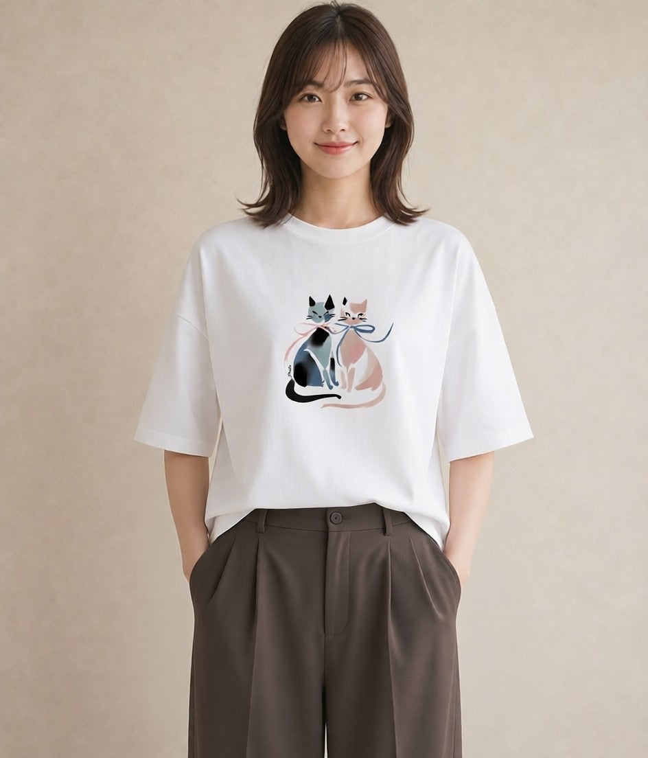 グラフィックTシャツ レディース ニャンコ 猫 ねこ イラスト 普段使い ギフト 母の日 白T
