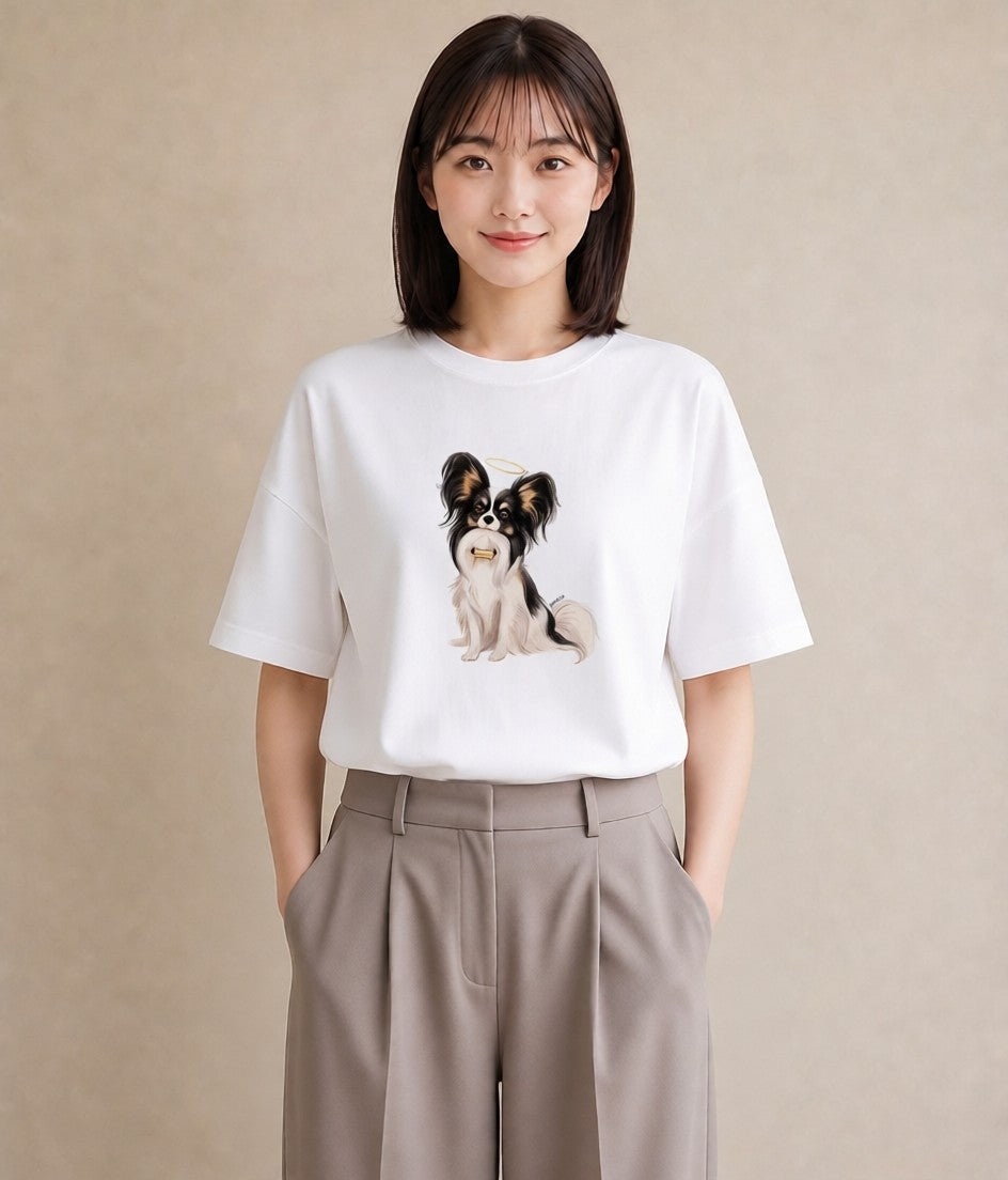 デザインTシャツ レディース パピヨン 犬 いぬ イラスト シック カフェ巡り 女子会 白T