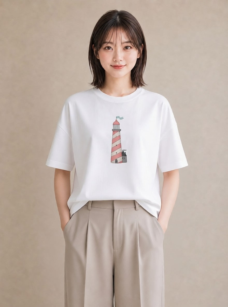 半袖Tシャツ レディース 灯台 霧 海 ナチュラル アンティーク イラスト 上品 デート 帰省 白T