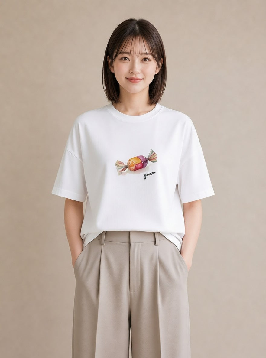 半袖Tシャツ レディース マカロン 食べ物 フード イラスト ナチュラル 春コーデ 姉妹 白T