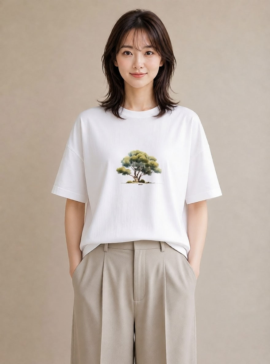 デザインTシャツ レディース 森 植物 ボタニカル イラスト カジュアル 買い物 夏コーデ 白T