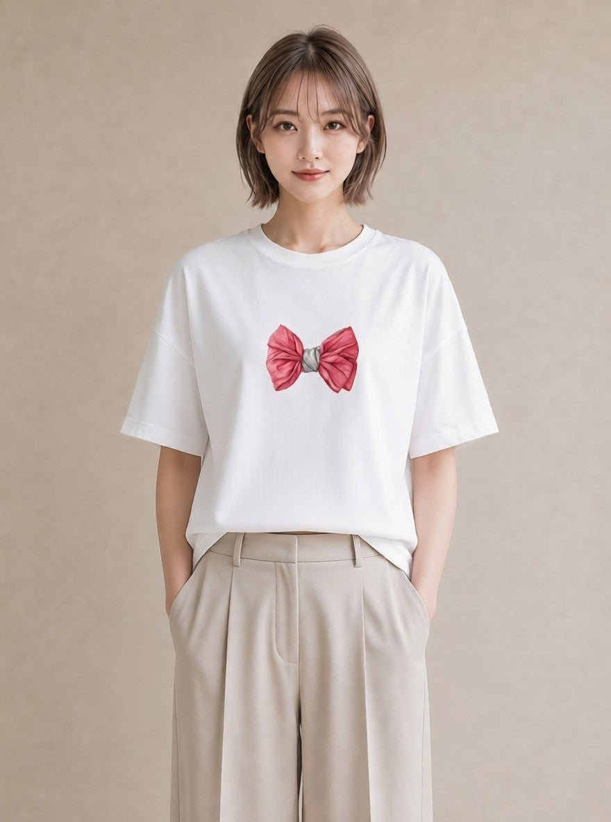 デザインTシャツ レディース リボン 蝶結び ナチュラル アンティーク イラスト 淡色 お揃い 親子 白T