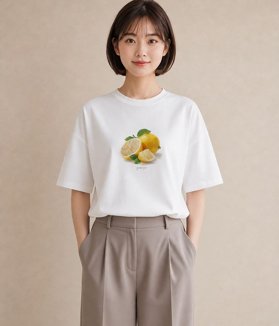 Tシャツ レディース レモン 檸檬 食べ物 フード イラスト 個性的 春服 ミセス 白T