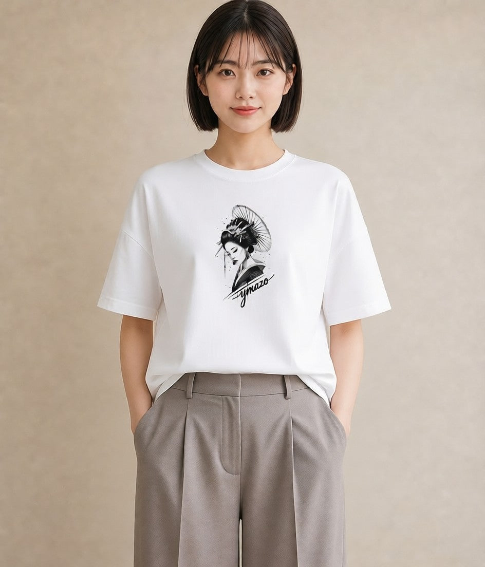 プリントTシャツ レディース 扇子 そよ風 ナチュラル アンティーク イラスト こなれ感 在宅 公園 白T