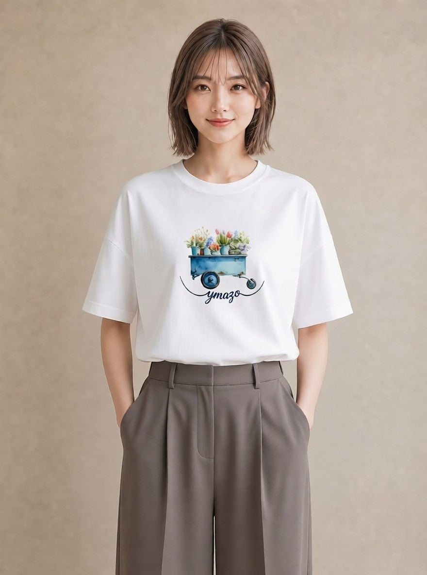 半袖Tシャツ レディース 自転車のかご 自転車 花かご ナチュラル アンティーク イラスト ボタニカル 20代 カジュアルコーデ 白T