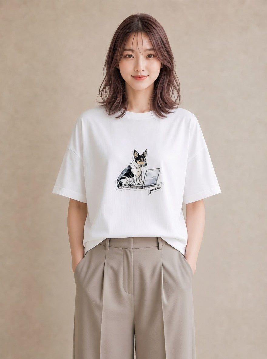 Tシャツ レディース 犬 いぬ イラスト 韓国風 休日 ペアコーデ 白T