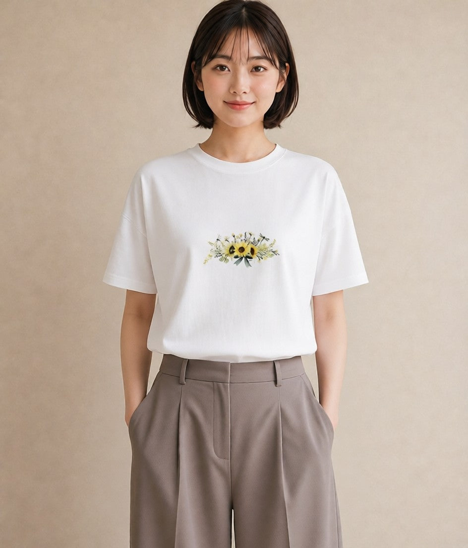 Tシャツ レディース ひまわり 向日葵 花 花柄 イラスト 可愛い 公園 ママ 白T