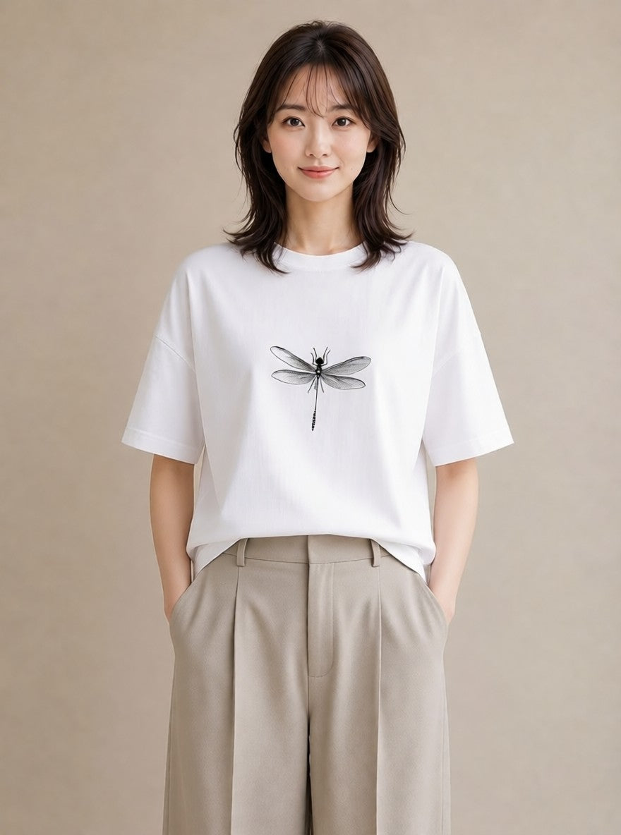 プリントTシャツ レディース とんぼ 昆虫 虫 イラスト ゆるかわ 春服 ミセス 白T