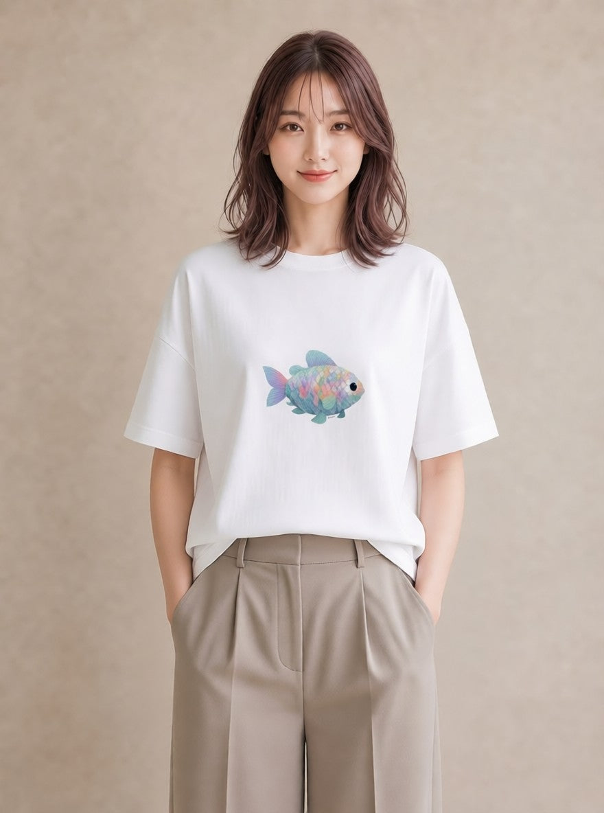 半袖Tシャツ レディース 出目金 ペット 動物 イラスト ボタニカル クリスマス 旅行 白T