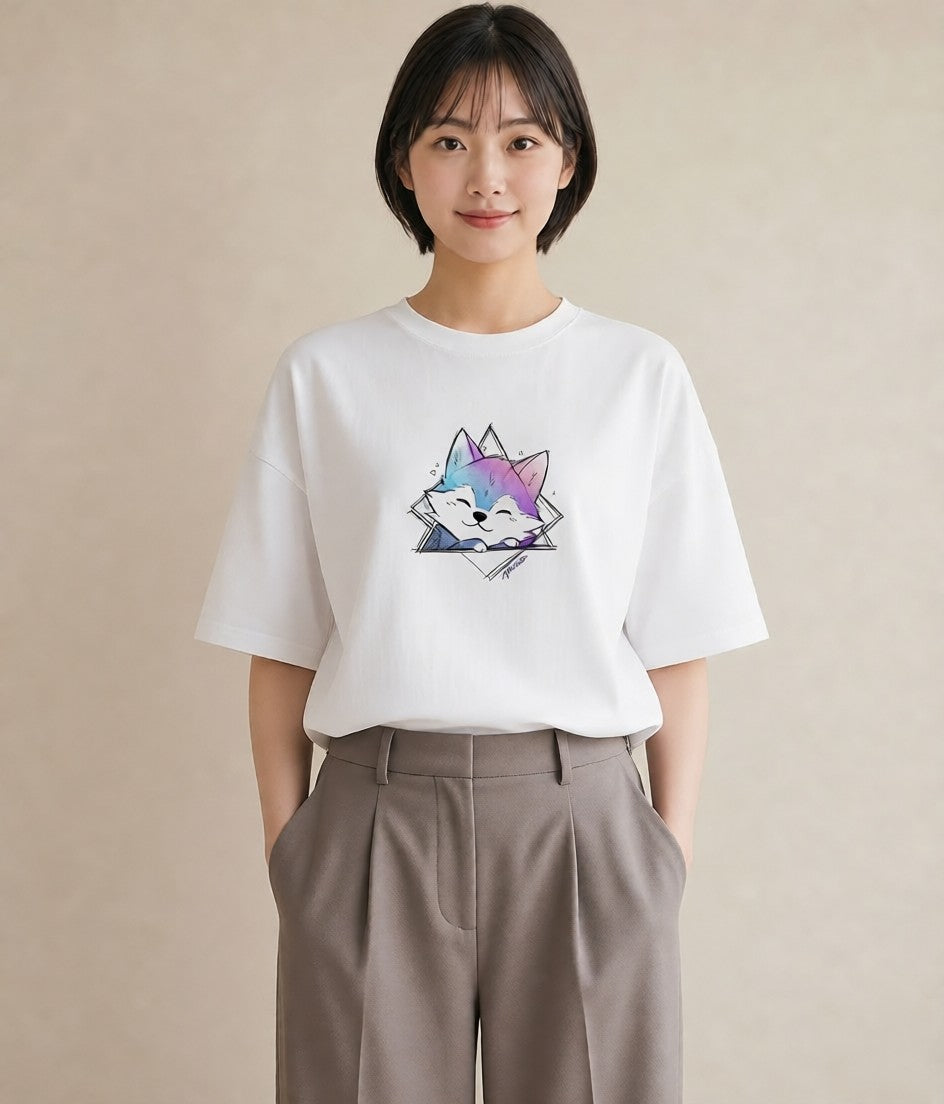 Tシャツ レディース シベリアンハスキー 犬 いぬ イラスト ナチュラル ペアコーデ 秋コーデ 白T