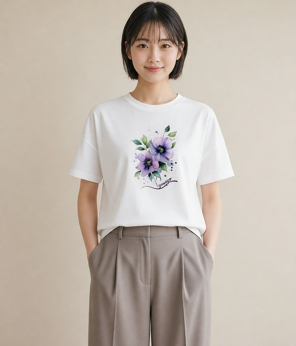Tシャツ レディース スミレ 花 花柄 イラスト 線画 レイヤード 友達ギフト 白T