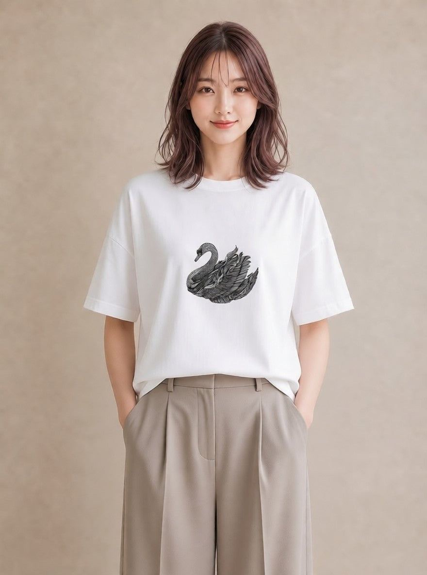Tシャツ レディース ハクチョウ 動物 アニマル イラスト 夏コーデ 通学 白T