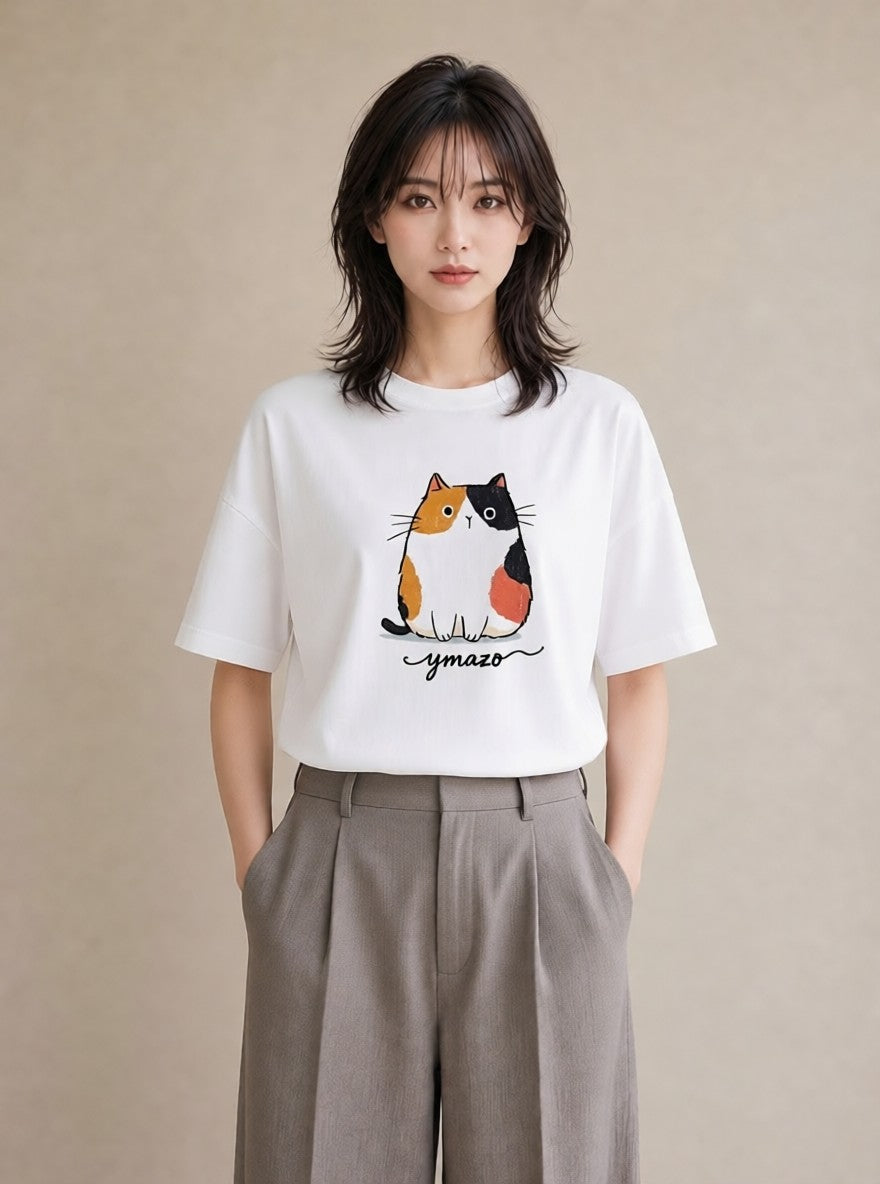 半袖Tシャツ レディース ニャンコ 猫 ねこ イラスト フェミニン 秋コーデ おしゃれギフト 白T