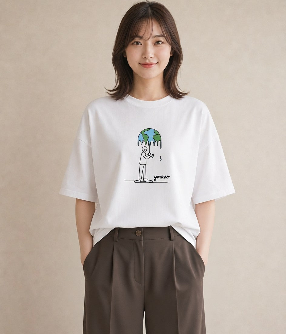 半袖Tシャツ レディース 窓辺の雨 雨の日 窓 ナチュラル アンティーク イラスト ポップ 在宅 公園 白T