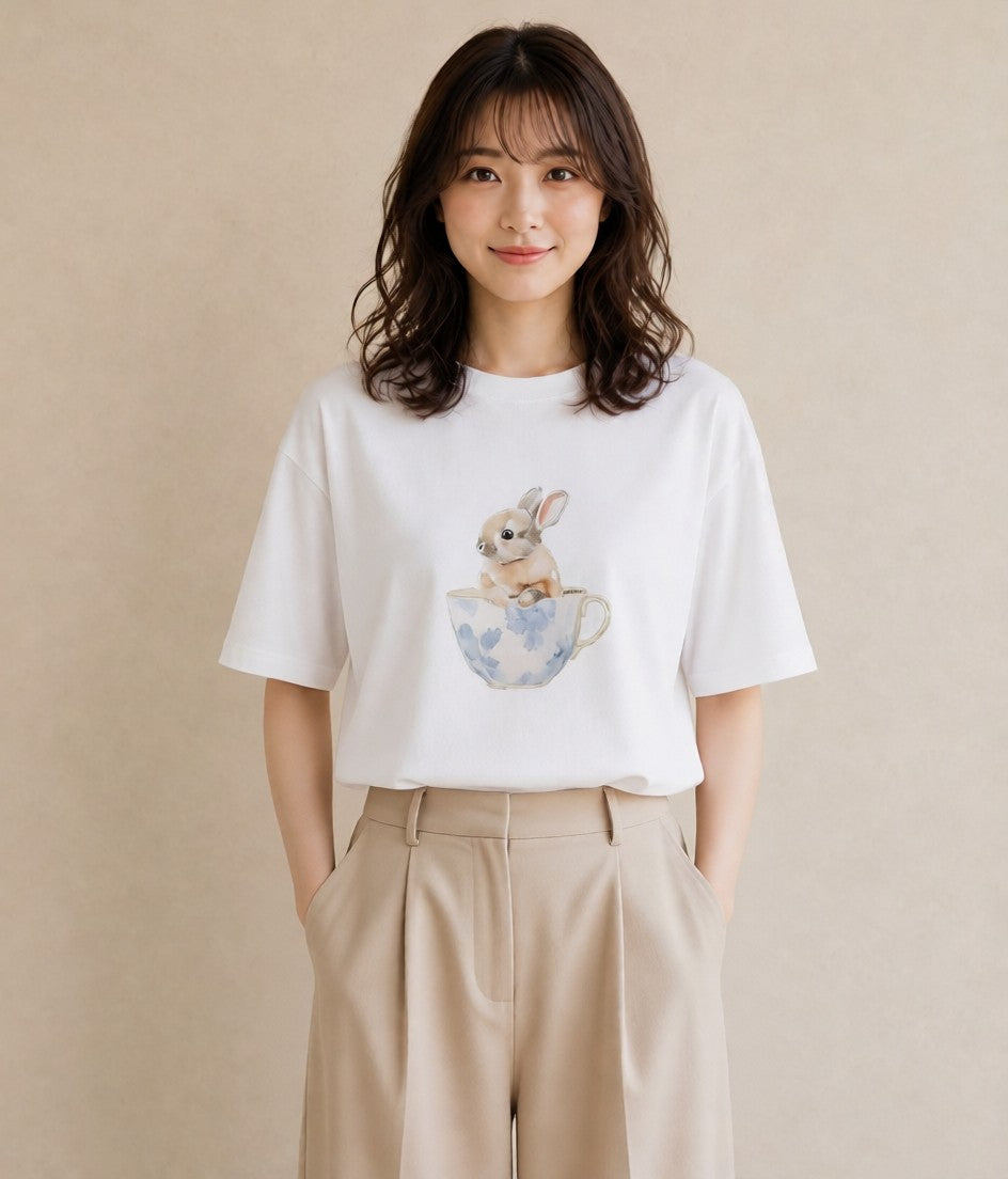 プリントTシャツ レディース ウサギ系野生 動物 アニマル イラスト 線画 友達ギフト 部屋着 白T