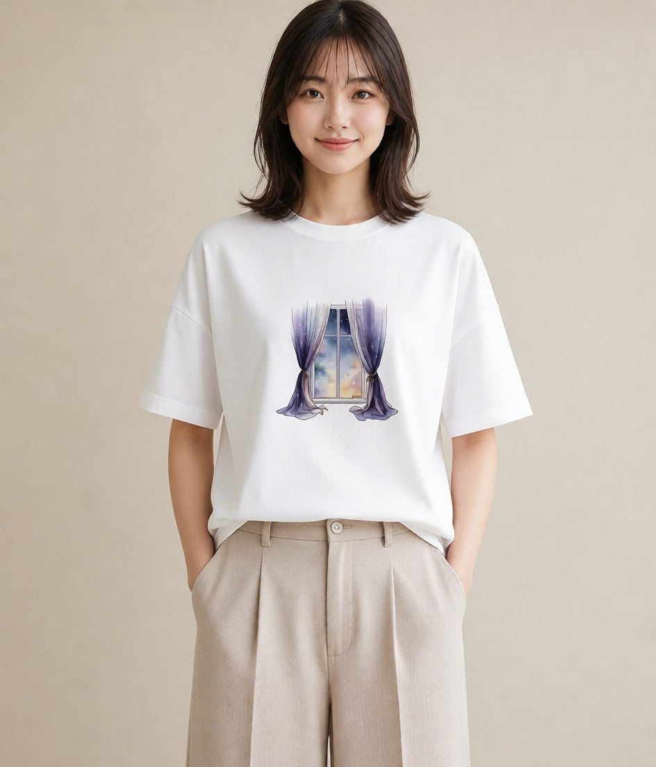 プリントTシャツ レディース 窓辺の雨 雨の日 窓 ナチュラル アンティーク イラスト カジュアル おしゃれギフト 社会人 白T