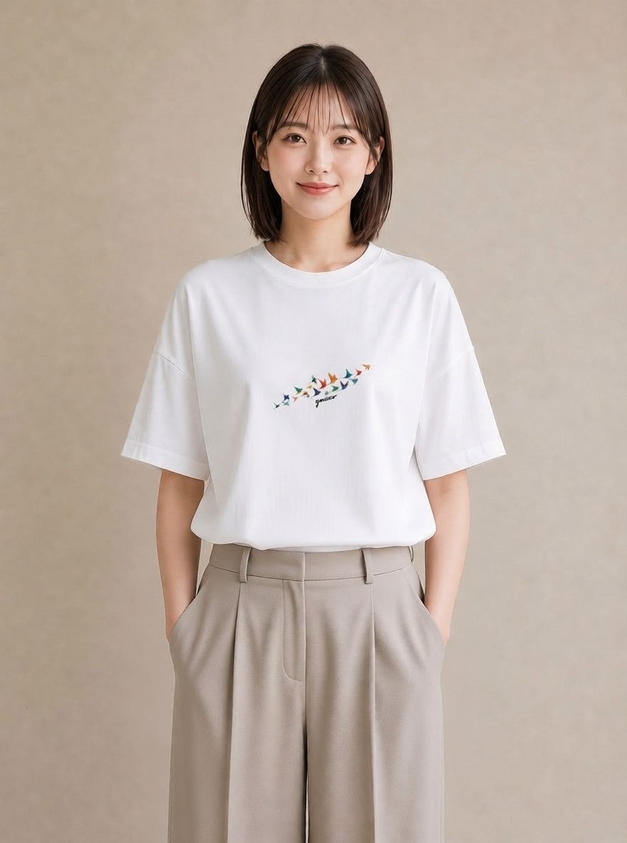 半袖Tシャツ レディース 折り鶴 折り紙 ナチュラル アンティーク イラスト 可愛い クリスマス 旅行 白T