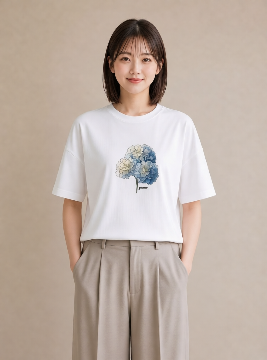 グラフィックTシャツ レディース あじさい 紫陽花 アジサイ 花 花柄 イラスト ラフカジュアル 敬老の日 ホワイトデー 白T