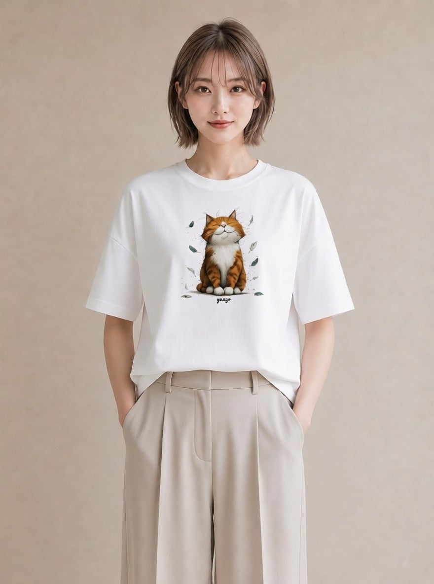 半袖Tシャツ レディース 茶トラ 茶猫 猫 ねこ イラスト シック 綿100 デート 白T