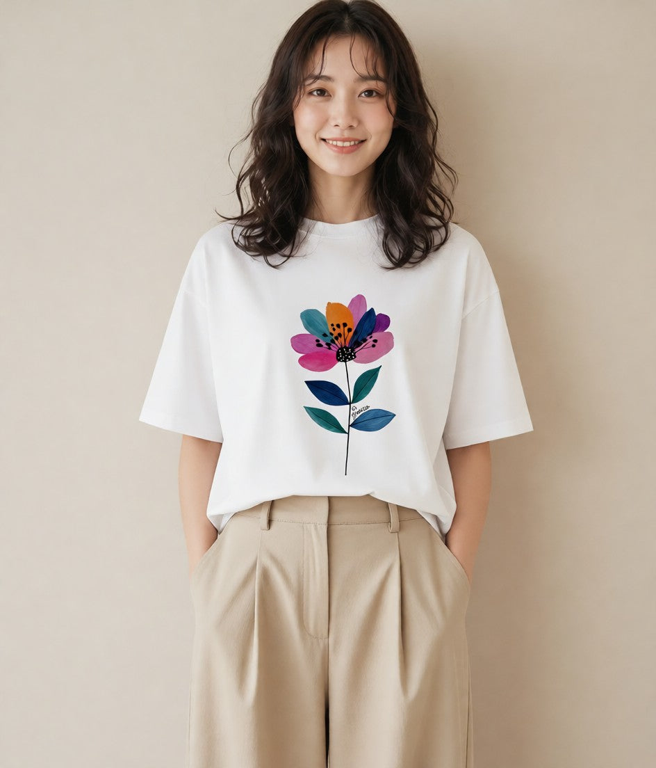 Tシャツ レディース スミレ 花 花柄 イラスト シンプル 海 カフェ巡り 白T