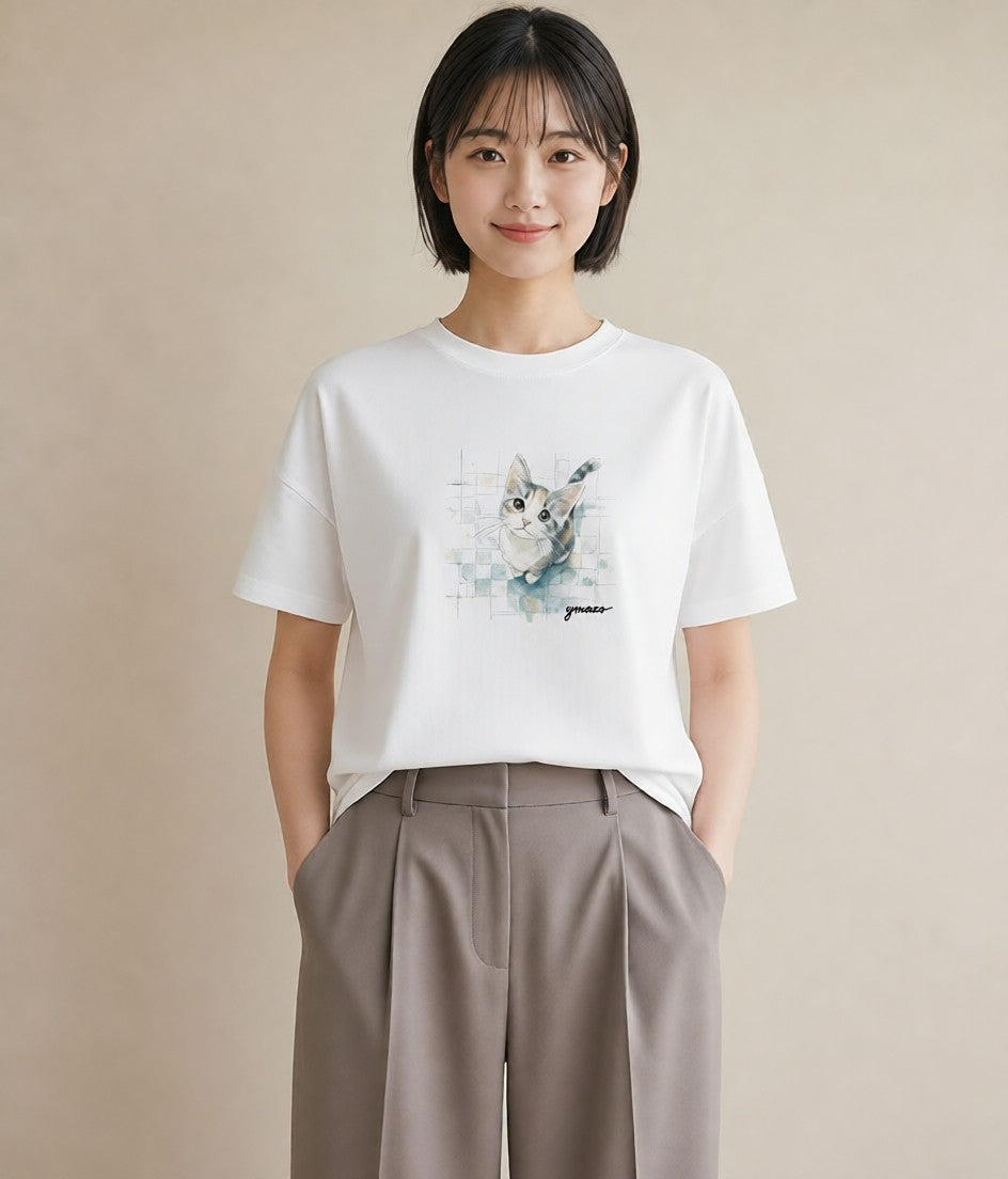 Tシャツ レディース ぶち猫 猫 ねこ イラスト ニュアンス 誕生日プレゼント 綿100 白T