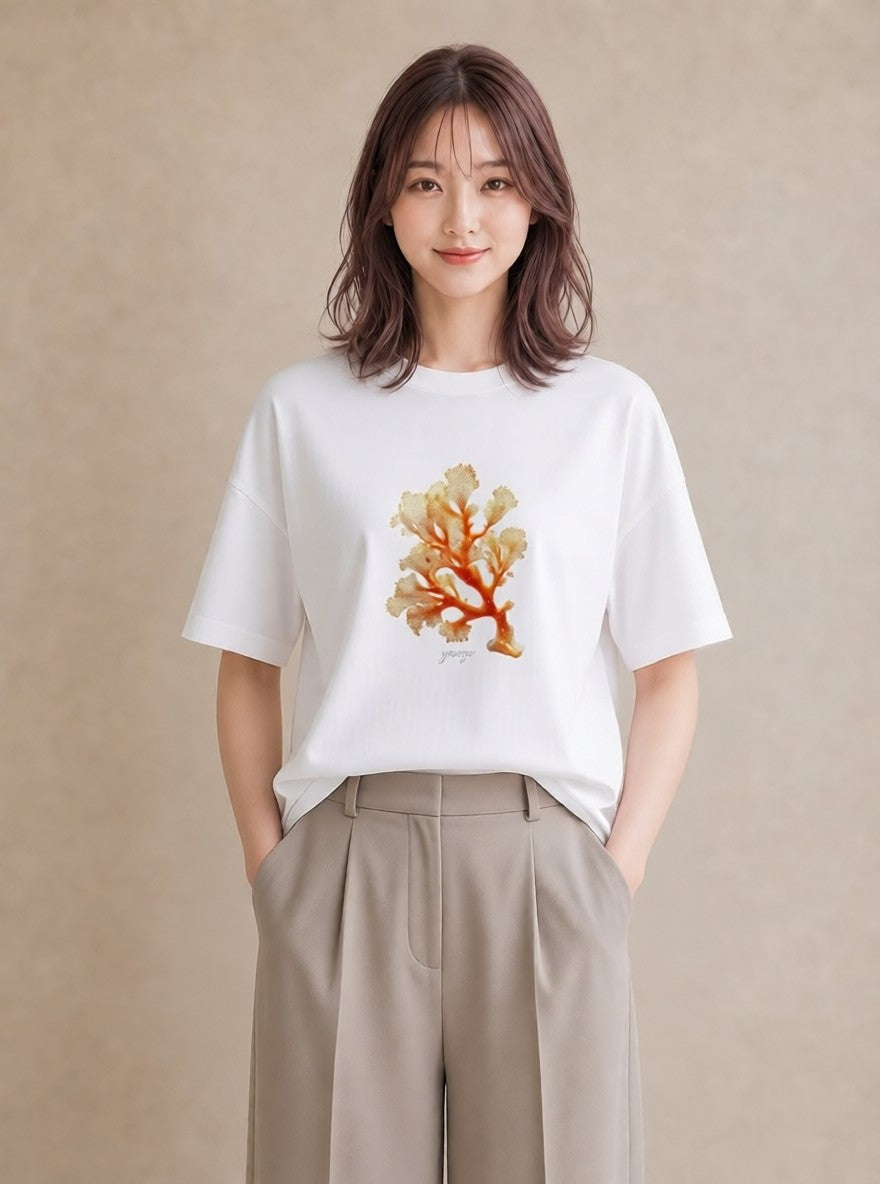 プリントTシャツ レディース サンゴ 海の生き物 海 イラスト 抜け感 カフェ巡り 女子会 白T