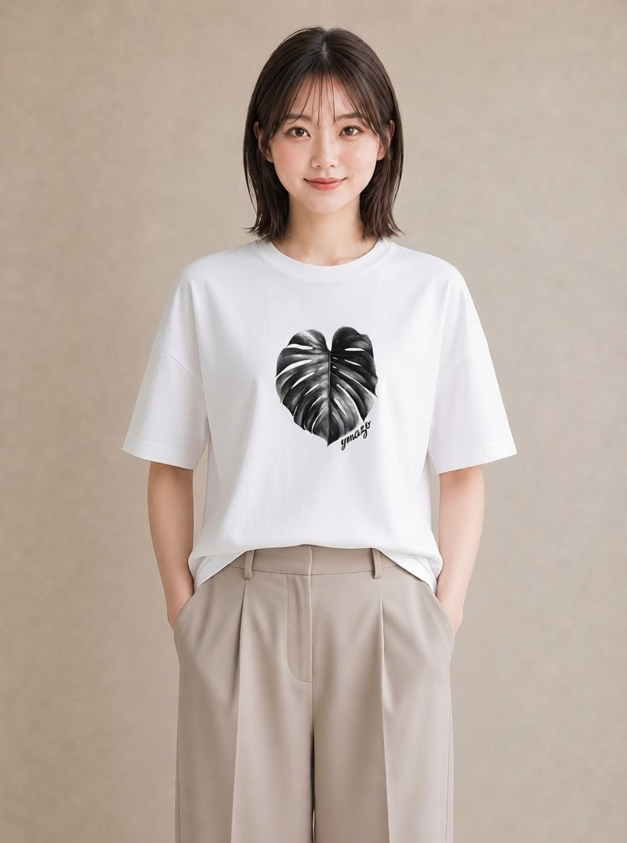 グラフィックTシャツ レディース モンステラ 植物 ボタニカル イラスト シンプル 春服 ミセス 白T