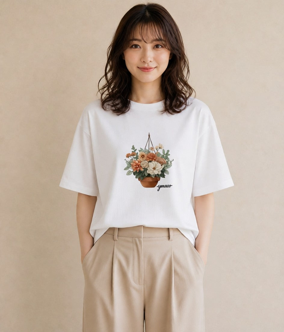 デザインTシャツ レディース 自転車のかご 自転車 花かご ナチュラル アンティーク イラスト カジュアル デイリーウェア 休日 白T