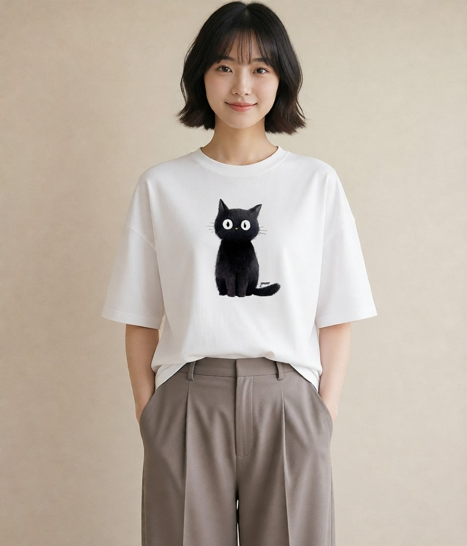 Tシャツ レディース 黒猫 猫 ねこ イラスト 旅行コーデ 海 カフェ巡り 白T