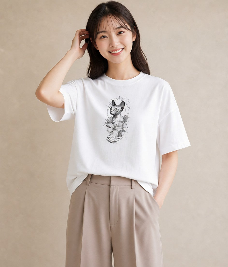 デザインTシャツ レディース スフィンクス 猫 ねこ イラスト ニュアンス デイリーウェア 休日 白T