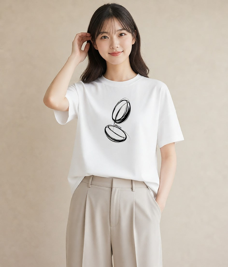 プリントTシャツ レディース パールピアス アクセサリー ナチュラル アンティーク イラスト 韓国風 20代 カジュアルコーデ 白T