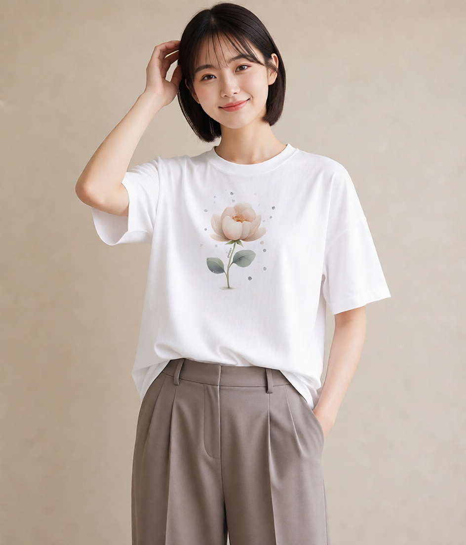半袖Tシャツ レディース 蓮 花 花柄 イラスト 淡色 旅行用 海 白T