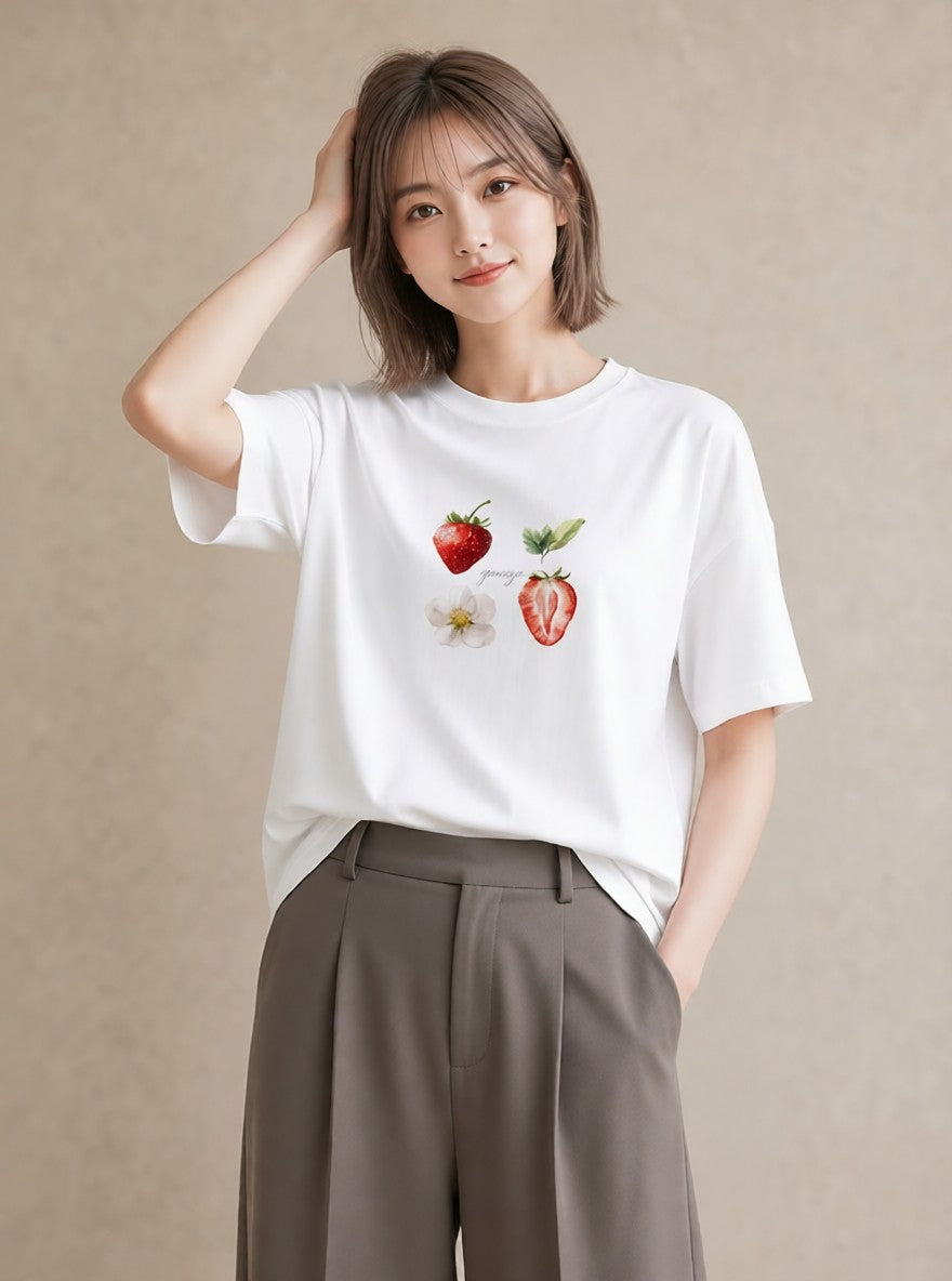 半袖Tシャツ レディース いちご 苺 ストロベリー 食べ物 フード イラスト ギフト 母の日 白T