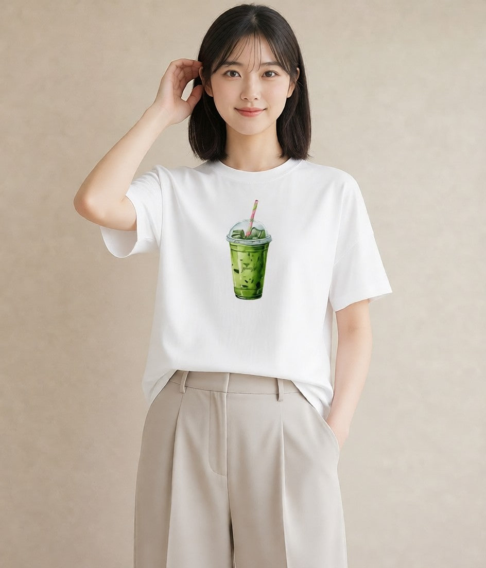 デザインTシャツ レディース 抹茶 食べ物 フード イラスト 抜け感 ラフ レイヤード 白T
